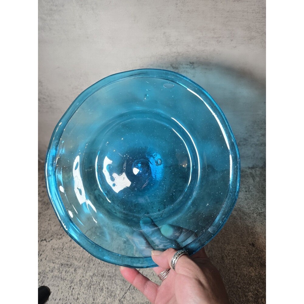RARE 10” Blown Aqua Blue Glass Shallow Bowl With  Optic Swirl/Folded Rim Vintage